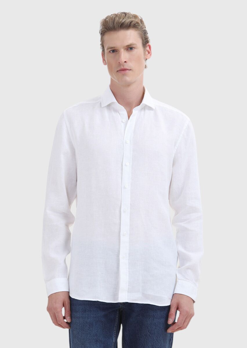 Beyaz Düz Regular Fit Dokuma Casual %100 Keten Gömlek - 2