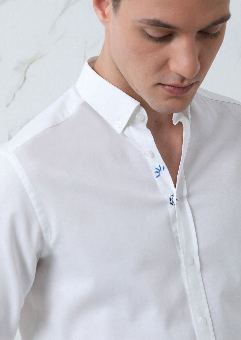 Beyaz Düz Regular Fit Dokuma Casual %100 Pamuk Gömlek 