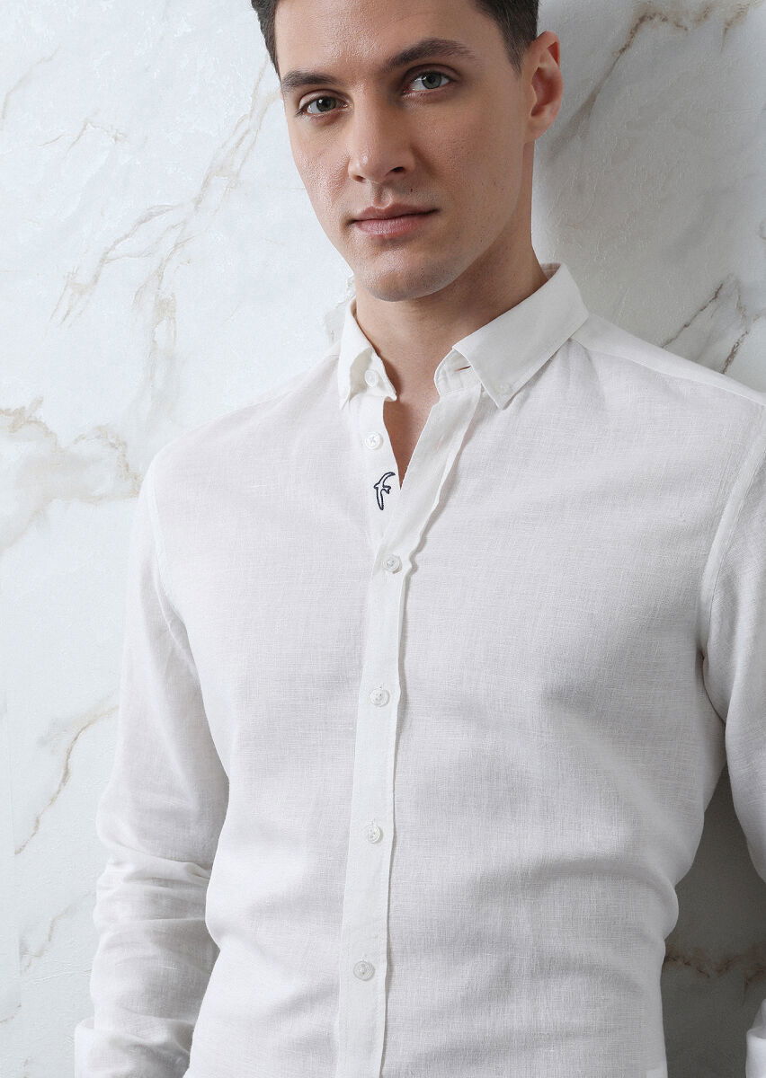 Beyaz Düz Regular Fit Dokuma Casual Pamuk Karışımlı Gömlek - 3