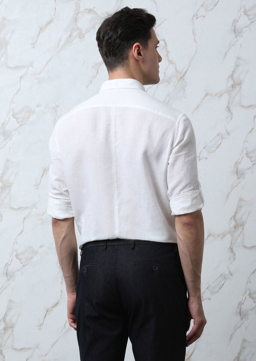 Beyaz Düz Regular Fit Dokuma Casual Pamuk Karışımlı Gömlek - 5