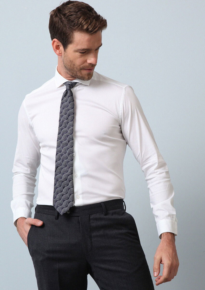 Beyaz Düz Regular Fit Dokuma Casual Pamuk Karışımlı Gömlek - 4