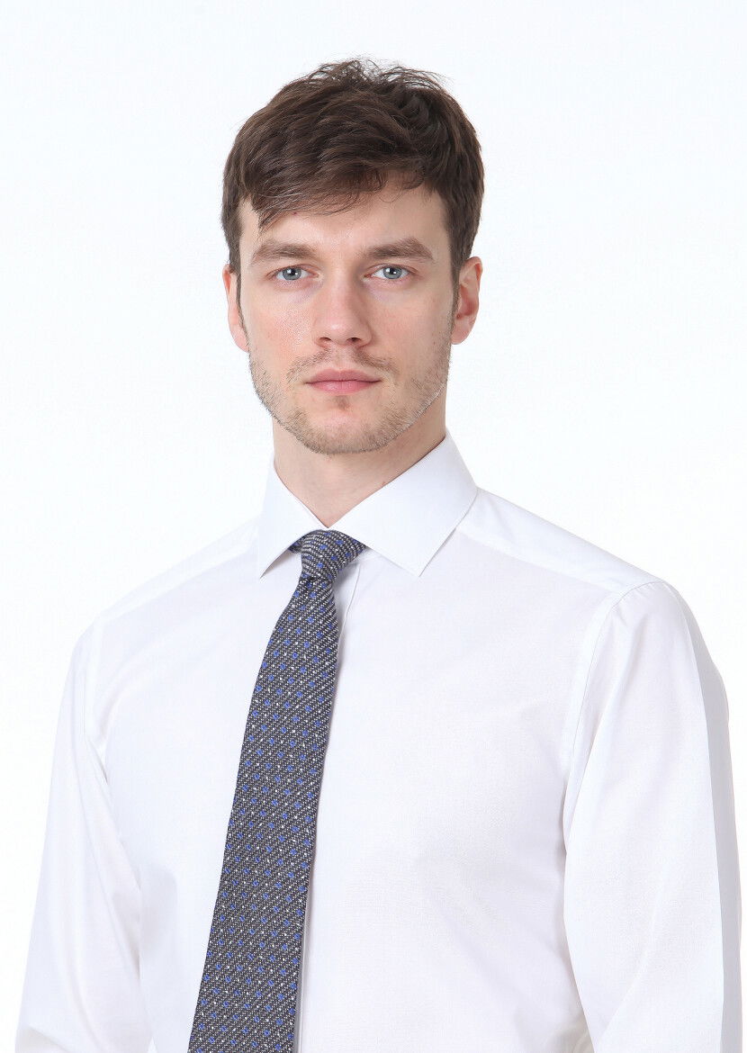 Beyaz Düz Regular Fit Dokuma Klasik %100 Pamuk Gömlek - 3