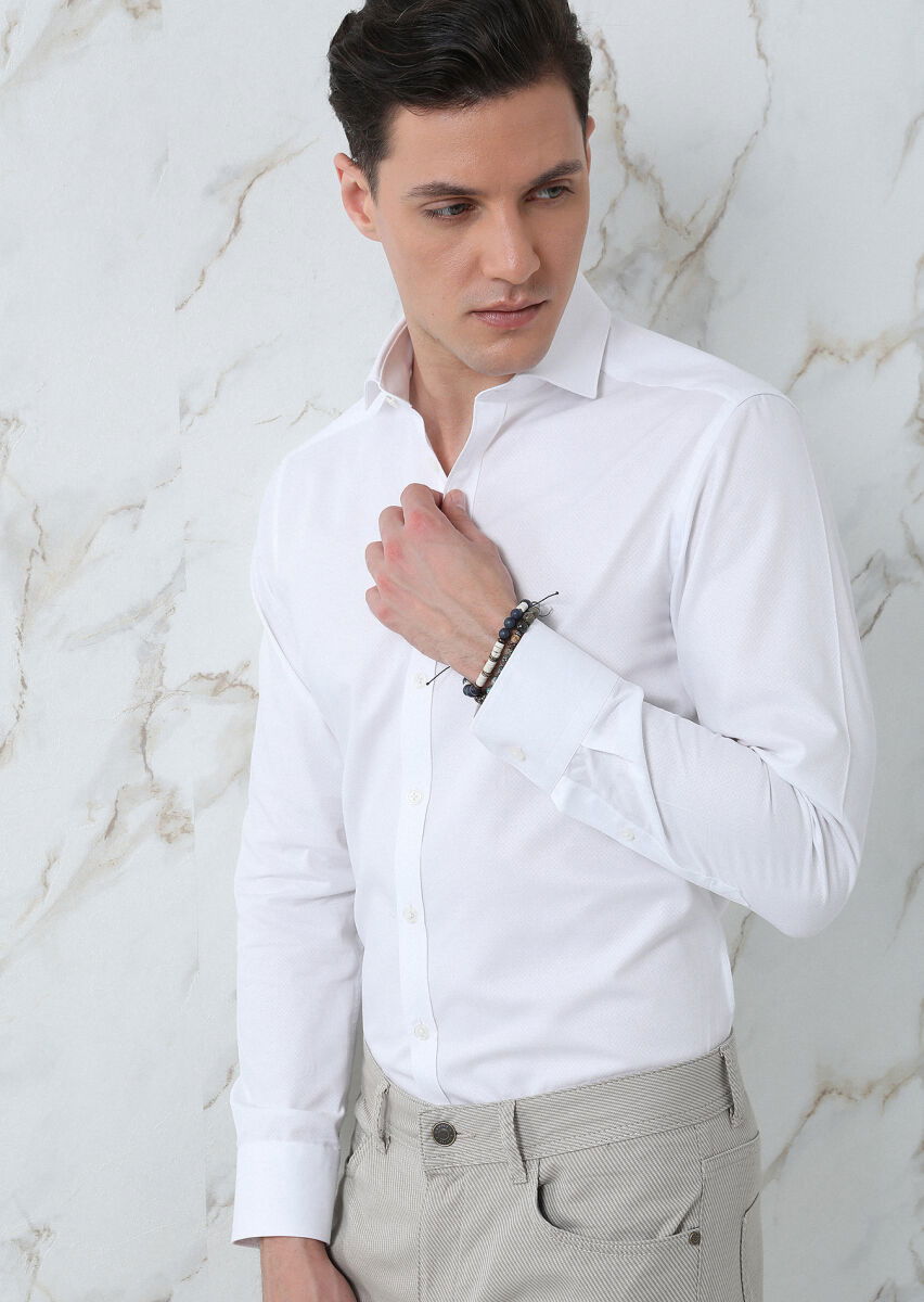 Beyaz Düz Regular Fit Dokuma Klasik Pamuk Karışımlı Gömlek - 4