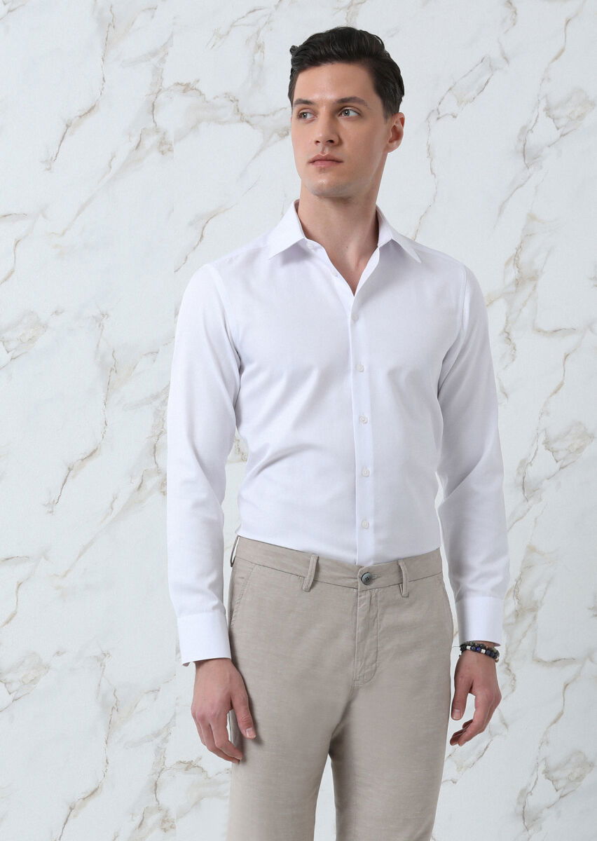 Beyaz Düz Regular Fit Dokuma Klasik Pamuk Karışımlı Gömlek - 2