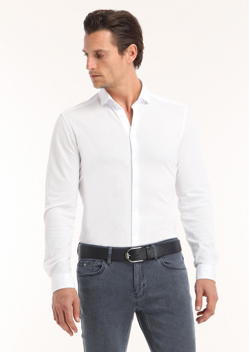 Beyaz Düz Slim Fit Casual %100 Pamuk Gömlek - 2