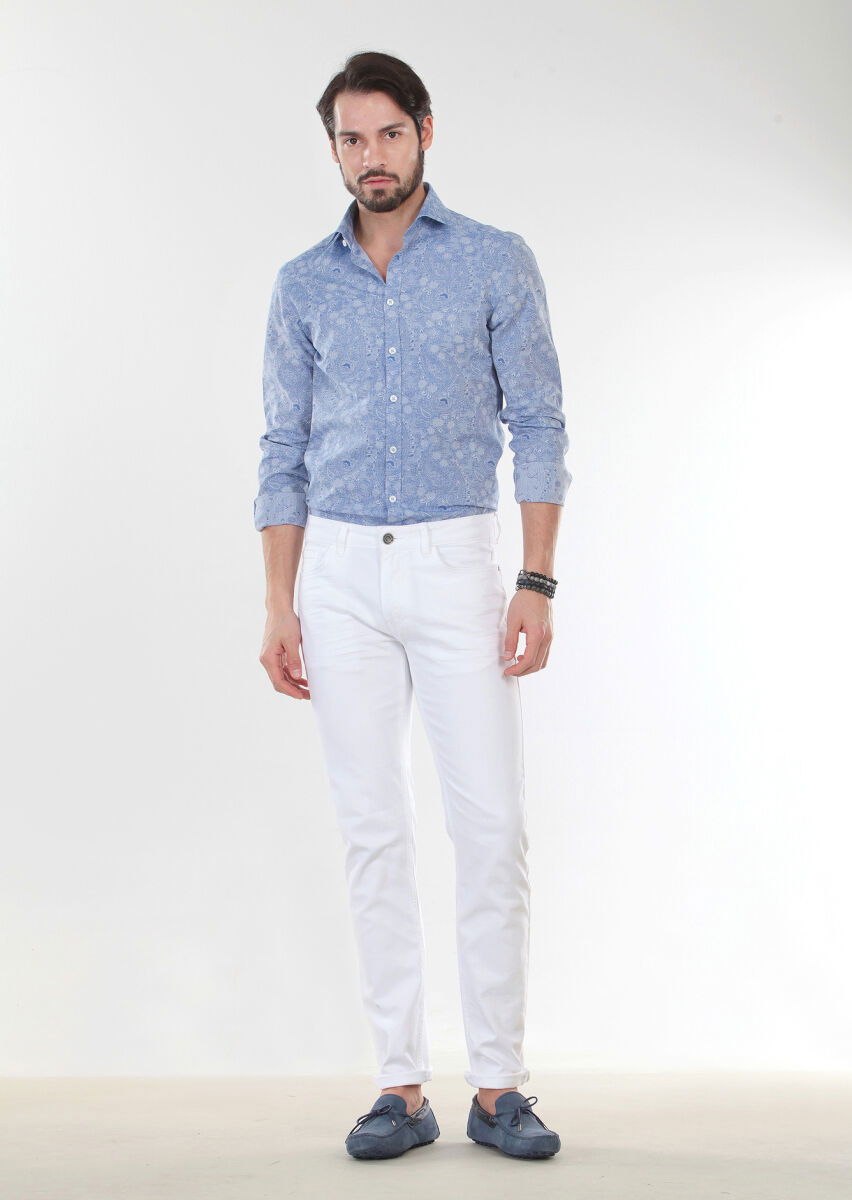 Beyaz Düz Slim Fit Denim Pamuk Karışımlı Pantolon - 1