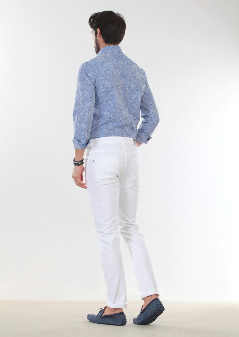 Beyaz Düz Slim Fit Denim Pamuk Karışımlı Pantolon - 2