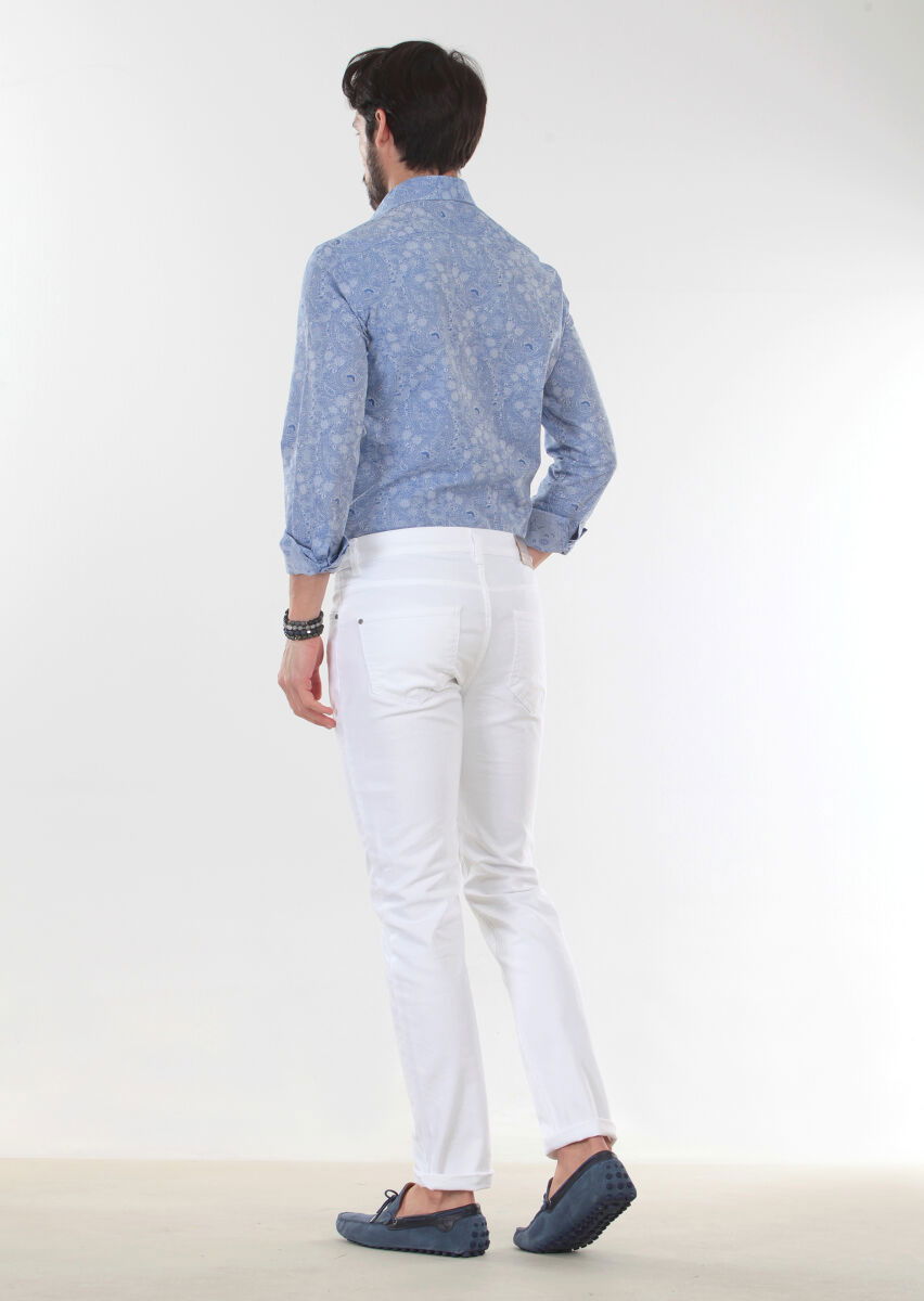 Beyaz Düz Slim Fit Denim Pamuk Karışımlı Pantolon - 2