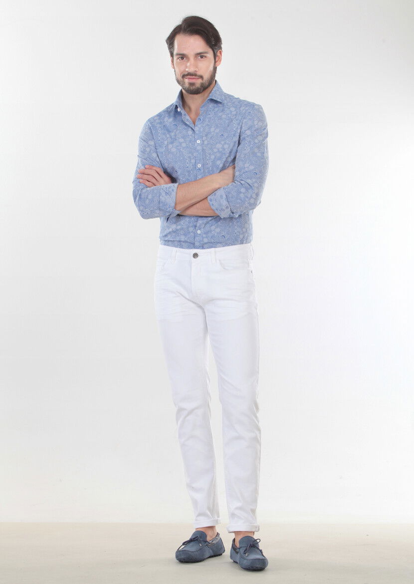 Beyaz Düz Slim Fit Denim Pamuk Karışımlı Pantolon - 3