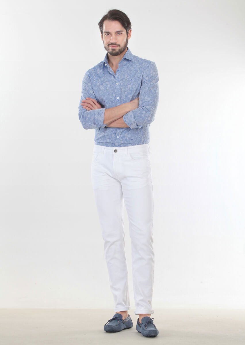 Beyaz Düz Slim Fit Denim Pamuk Karışımlı Pantolon - 3