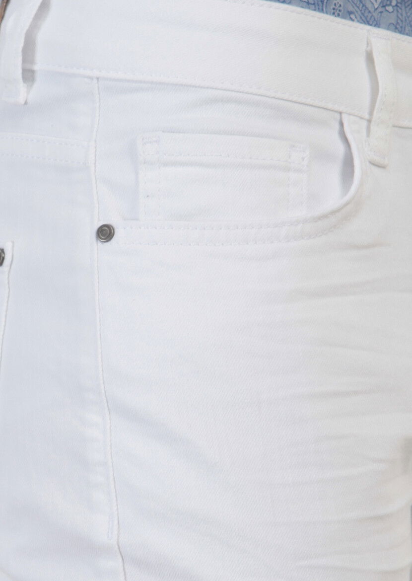 Beyaz Düz Slim Fit Denim Pamuk Karışımlı Pantolon - 4