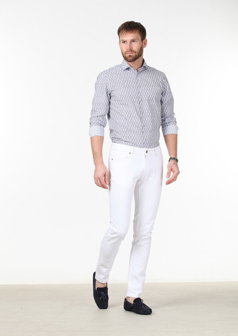 Beyaz Düz Slim Fit Denim Pamuk Karışımlı Pantolon - 1