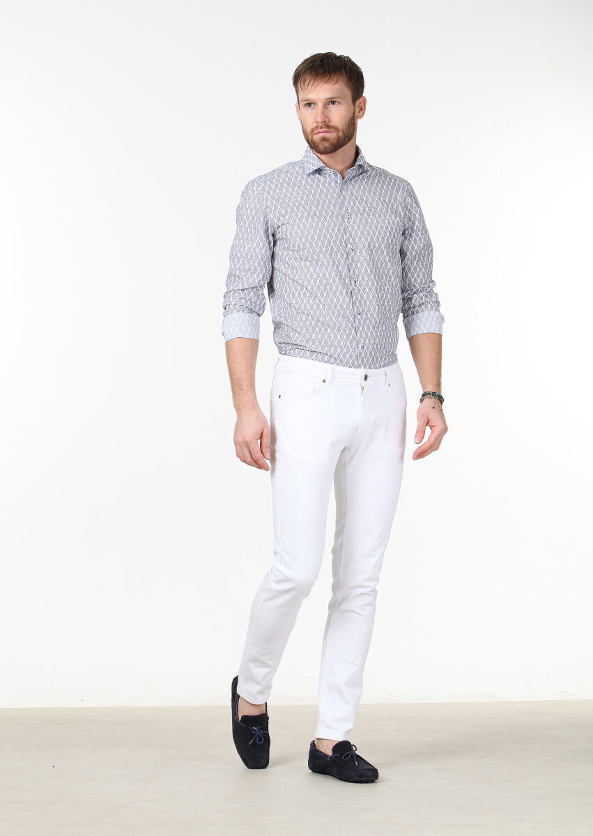 Beyaz Düz Slim Fit Denim Pamuk Karışımlı Pantolon - 1