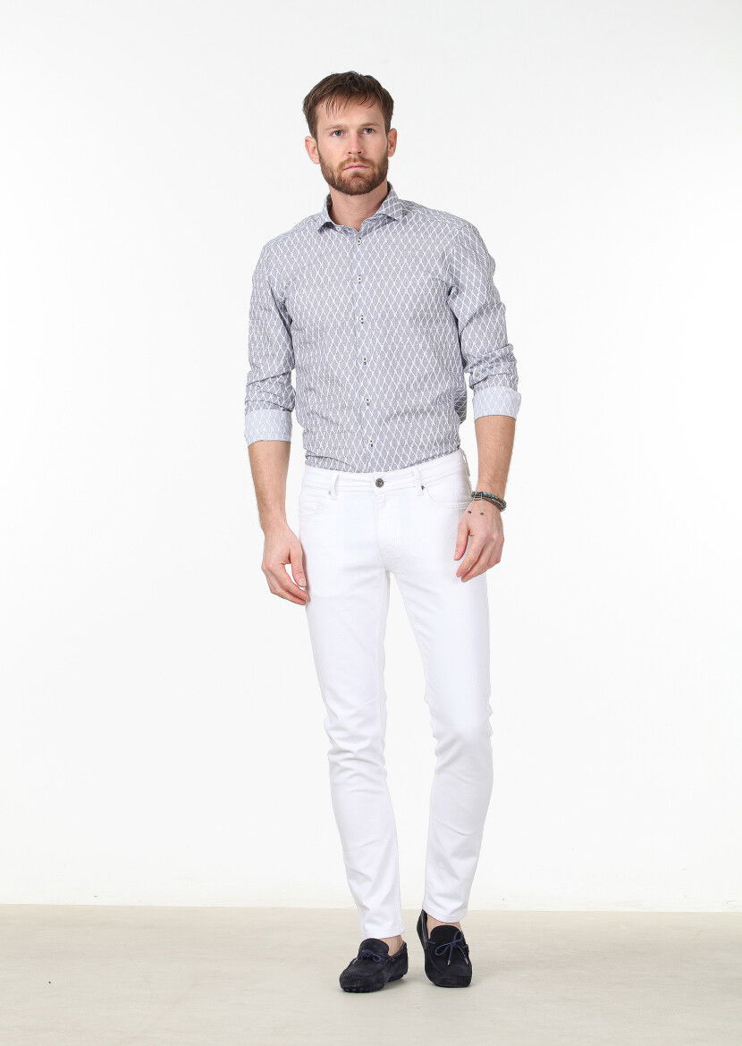 Beyaz Düz Slim Fit Denim Pamuk Karışımlı Pantolon - 2