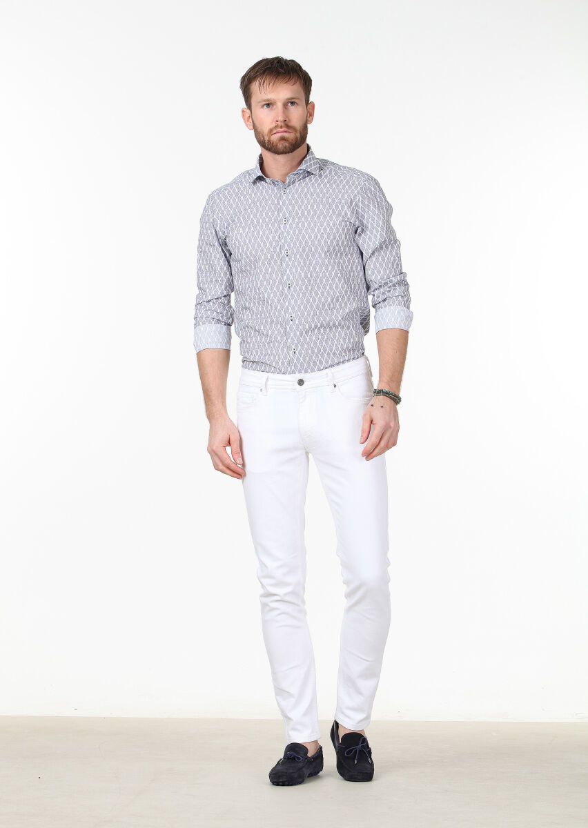 Beyaz Düz Slim Fit Denim Pamuk Karışımlı Pantolon - 2