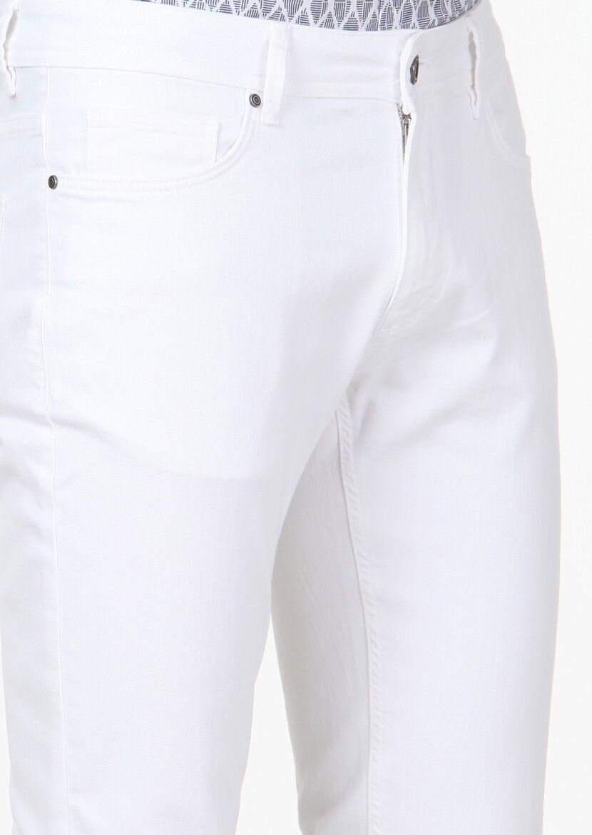 Beyaz Düz Slim Fit Denim Pamuk Karışımlı Pantolon - 3