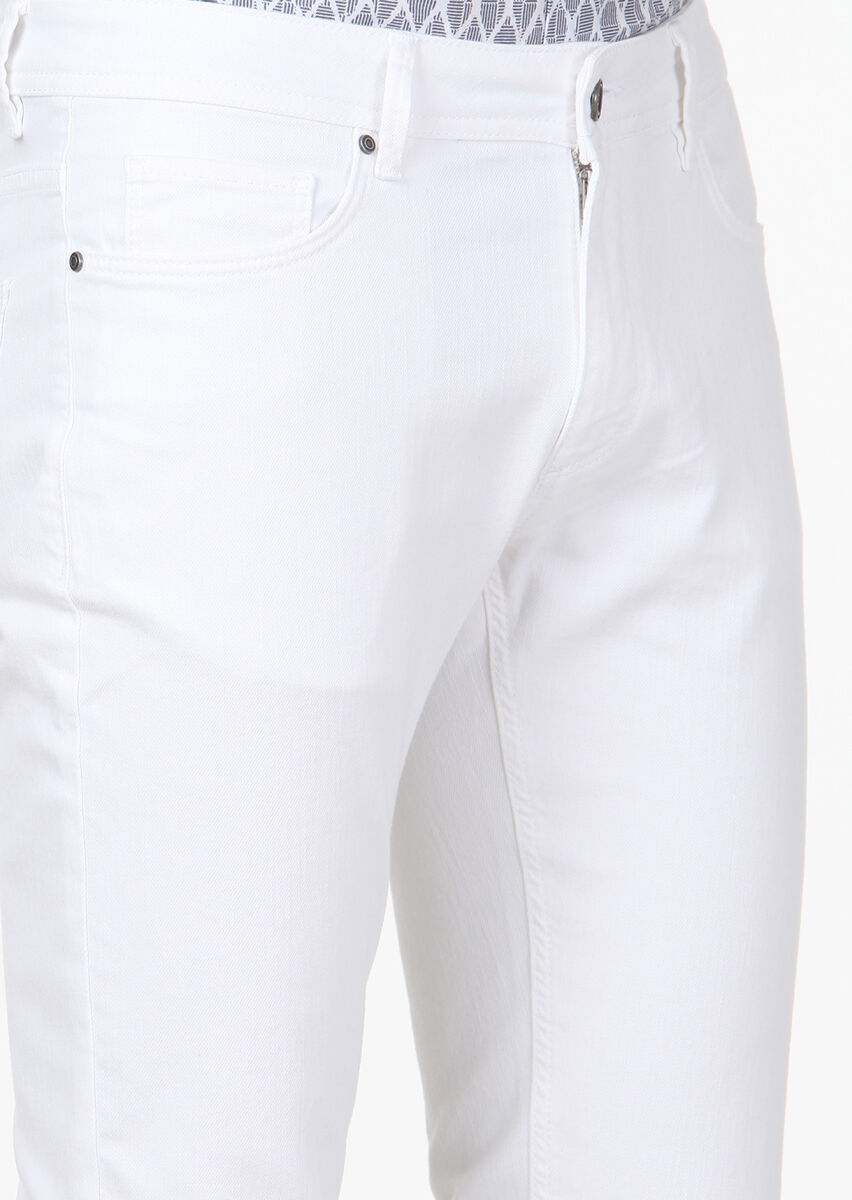 Beyaz Düz Slim Fit Denim Pamuk Karışımlı Pantolon - 3