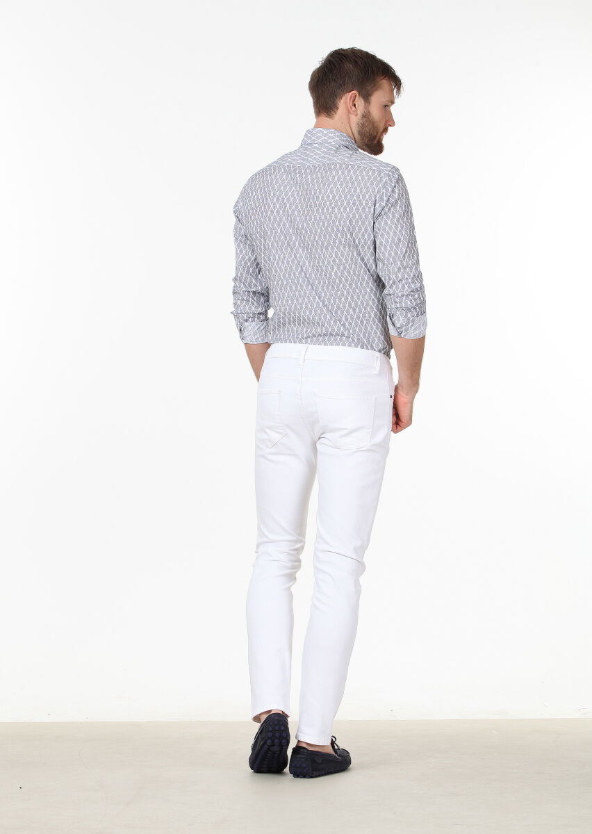 Beyaz Düz Slim Fit Denim Pamuk Karışımlı Pantolon - 4