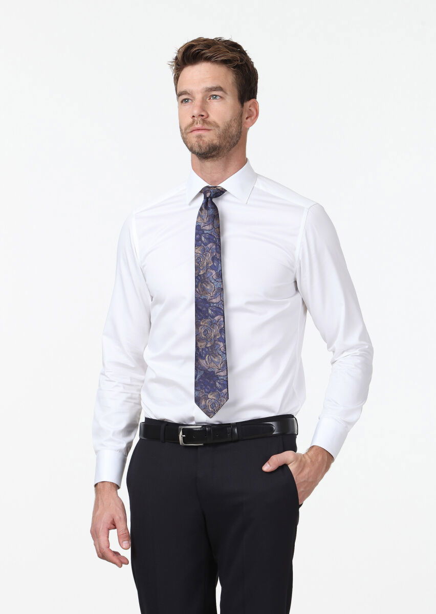 Beyaz Düz Slim Fit Dokuma Klasik %100 Pamuk Gömlek - 1