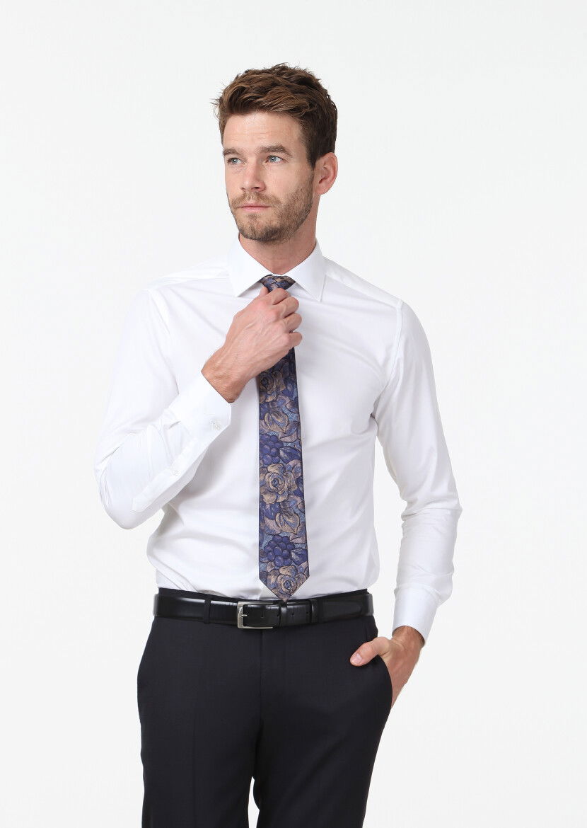 Beyaz Düz Slim Fit Dokuma Klasik %100 Pamuk Gömlek - 3