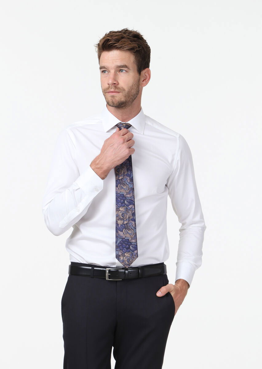 Beyaz Düz Slim Fit Dokuma Klasik %100 Pamuk Gömlek - 3
