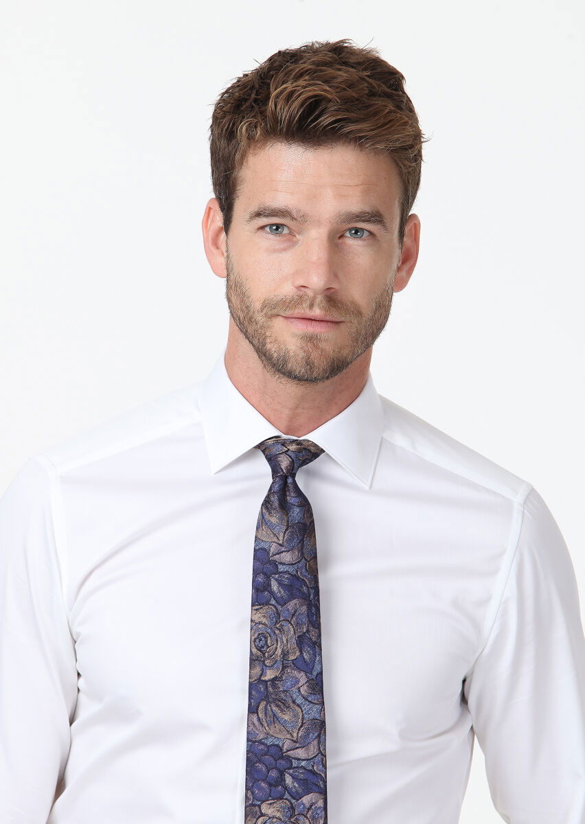 Beyaz Düz Slim Fit Dokuma Klasik %100 Pamuk Gömlek - 4