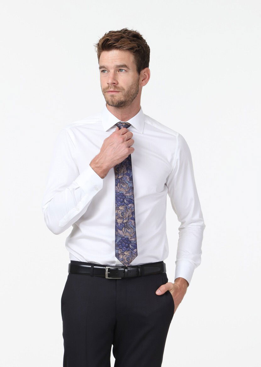 Beyaz Düz Slim Fit Dokuma Klasik %100 Pamuk Gömlek 
