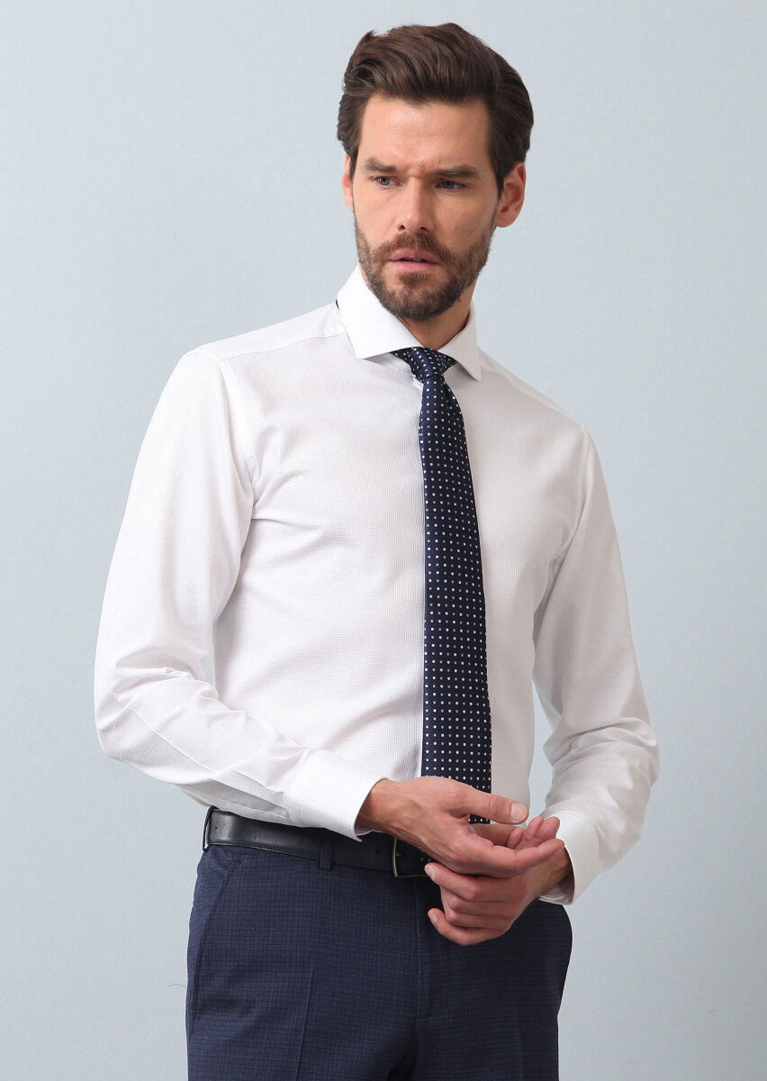 Beyaz Düz Slim Fit Dokuma Klasik %100 Pamuk Gömlek - 1