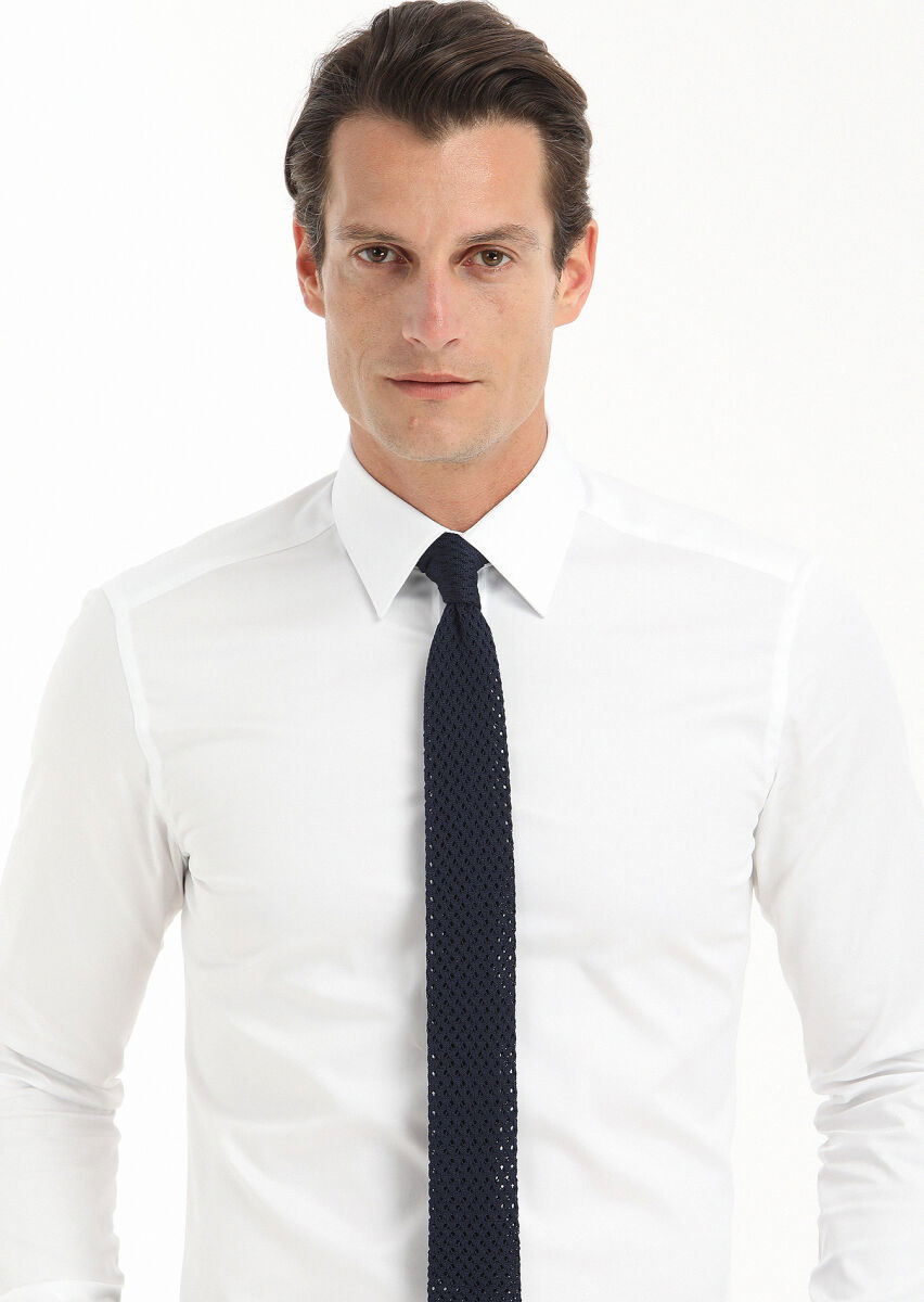 Beyaz Düz Slim Fit Dokuma Klasik %100 Pamuk Gömlek - 3