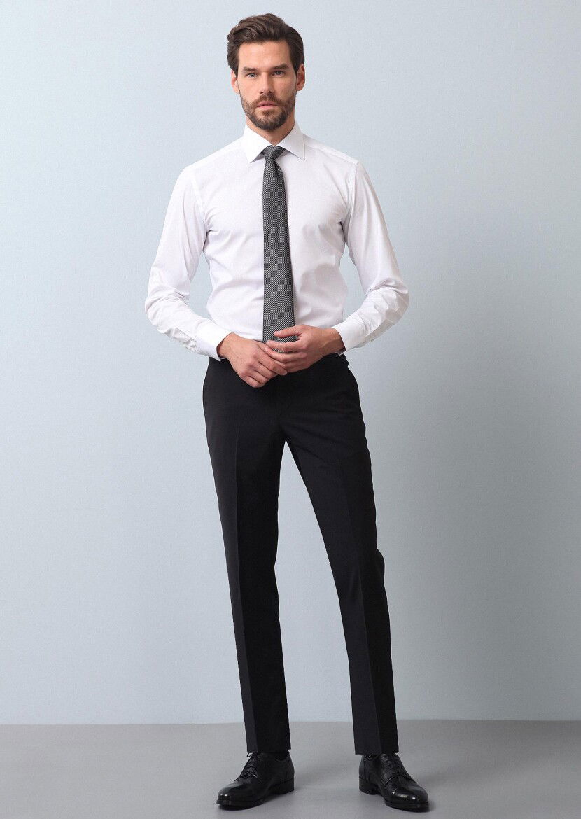 Beyaz Düz Slim Fit Dokuma Klasik Pamuk Karışımlı Gömlek - 2