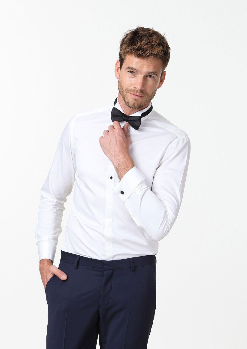 Beyaz Düz Slim Fit Duble Manşet Ata Yaka Smokin Gömlek - 1