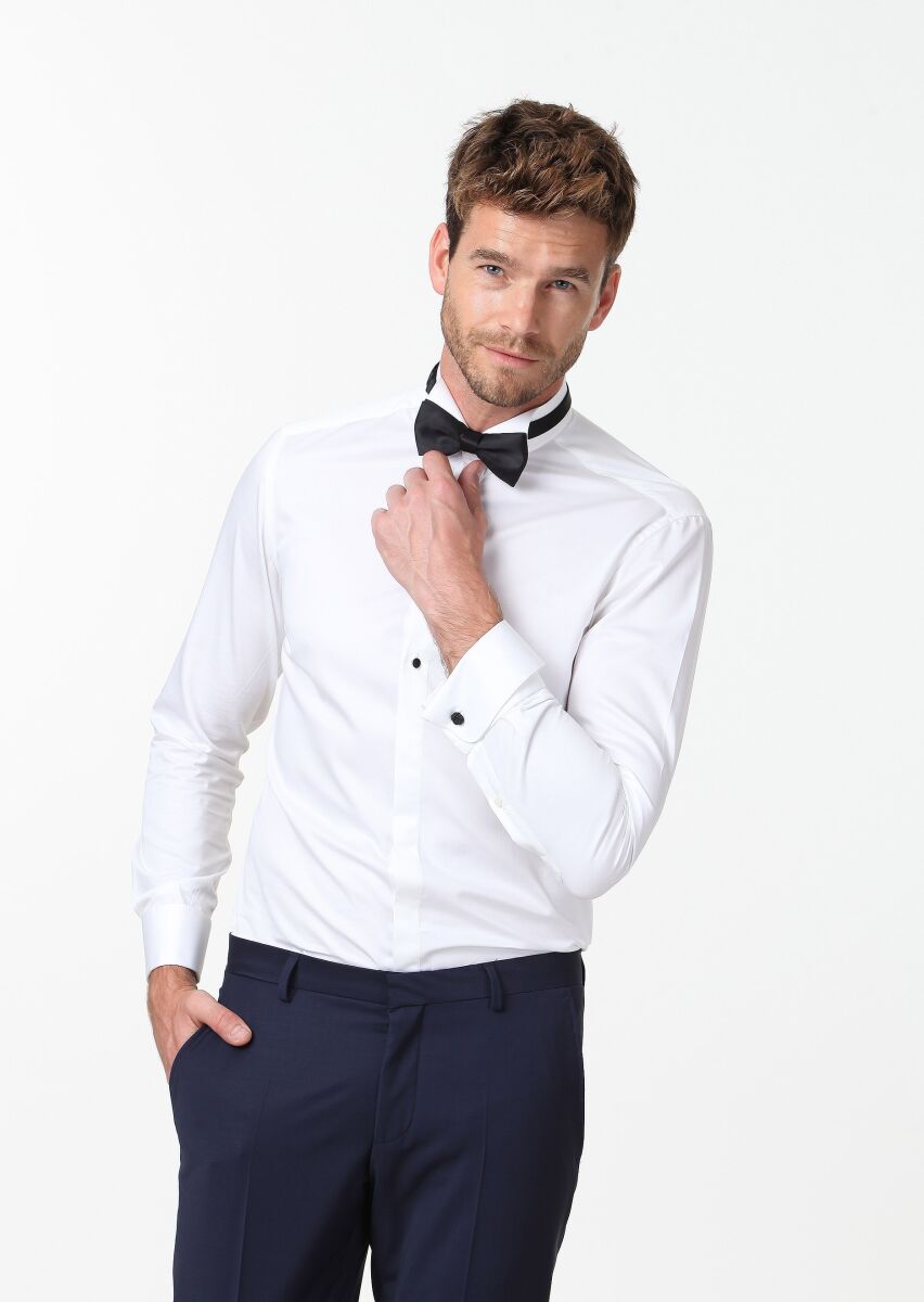 Beyaz Düz Slim Fit Duble Manşet Ata Yaka Smokin Gömlek - 1