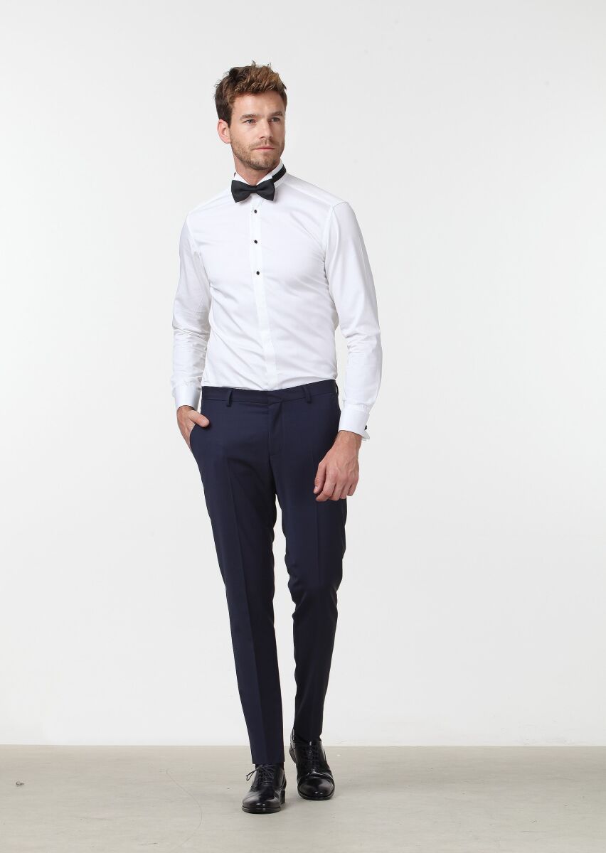 Beyaz Düz Slim Fit Duble Manşet Ata Yaka Smokin Gömlek - 2