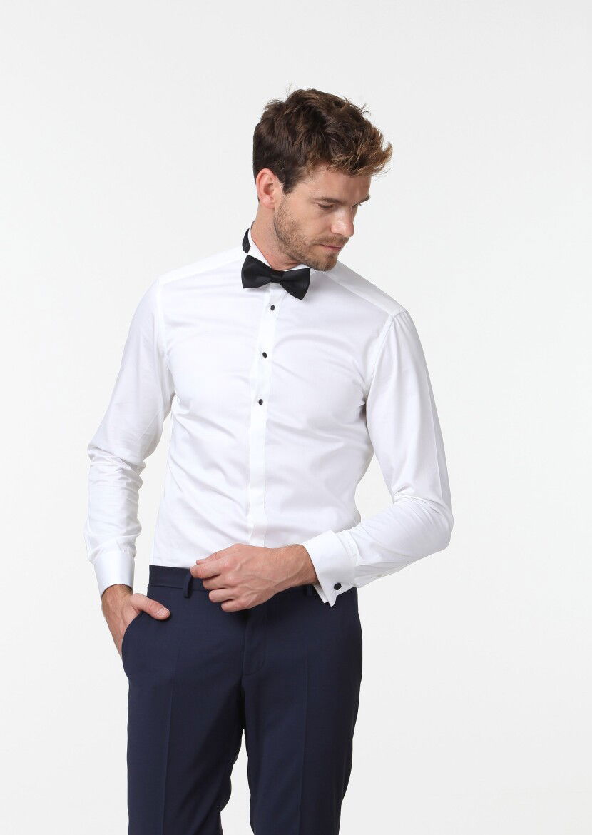 Beyaz Düz Slim Fit Duble Manşet Ata Yaka Smokin Gömlek - 3