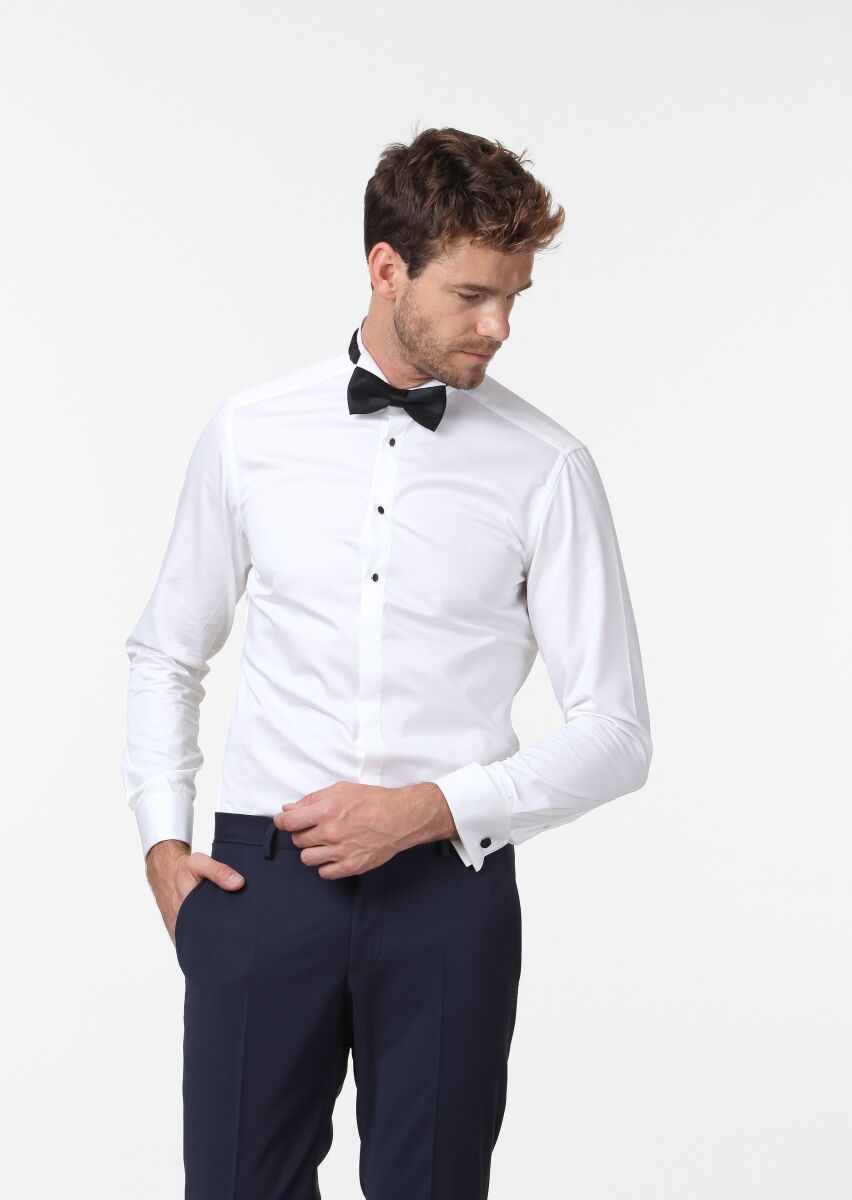 Beyaz Düz Slim Fit Duble Manşet Ata Yaka Smokin Gömlek - 3