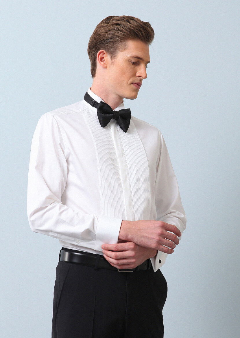 Beyaz Düz Slim Fit Duble Manşet Ata Yaka Smokin Gömlek - 1