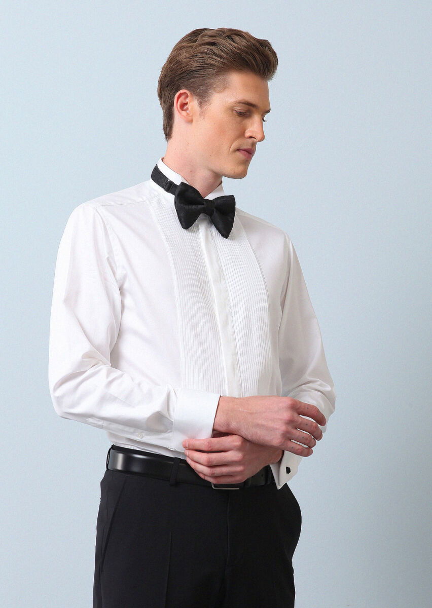 Beyaz Düz Slim Fit Duble Manşet Ata Yaka Smokin Gömlek - 1
