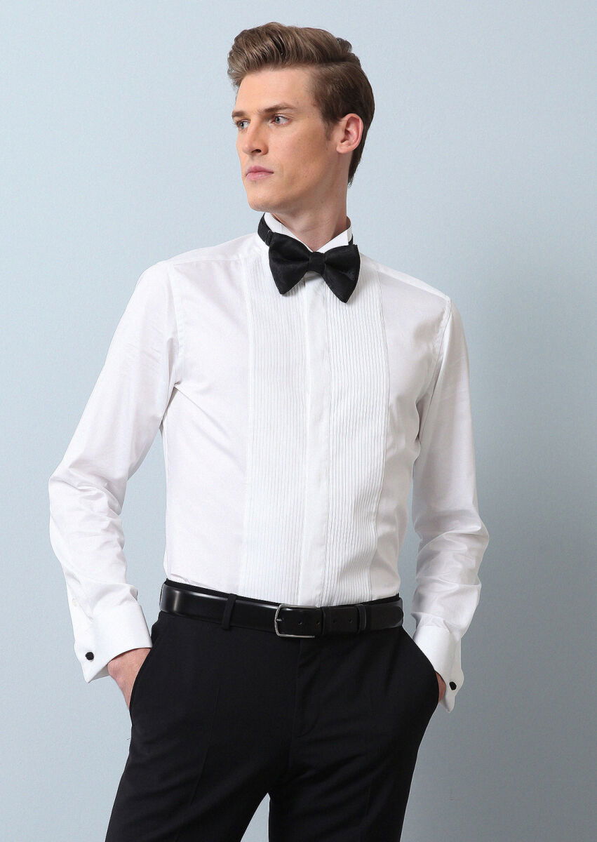 Beyaz Düz Slim Fit Duble Manşet Ata Yaka Smokin Gömlek - 3
