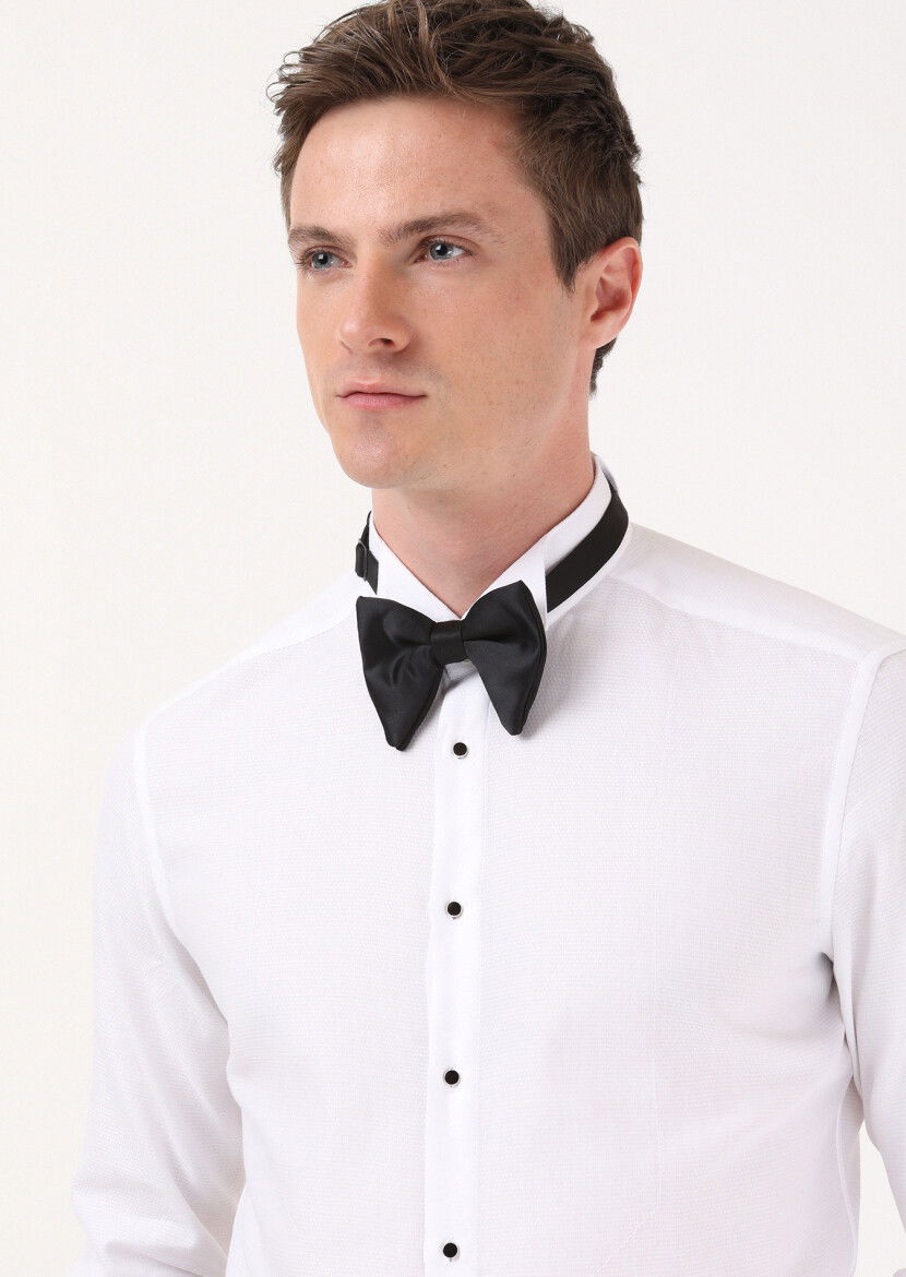 Beyaz Düz Slim Fit Duble Manşet Ata Yaka Smokin Gömlek - 1
