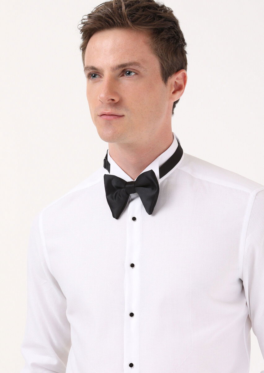 Beyaz Düz Slim Fit Duble Manşet Ata Yaka Smokin Gömlek - 1