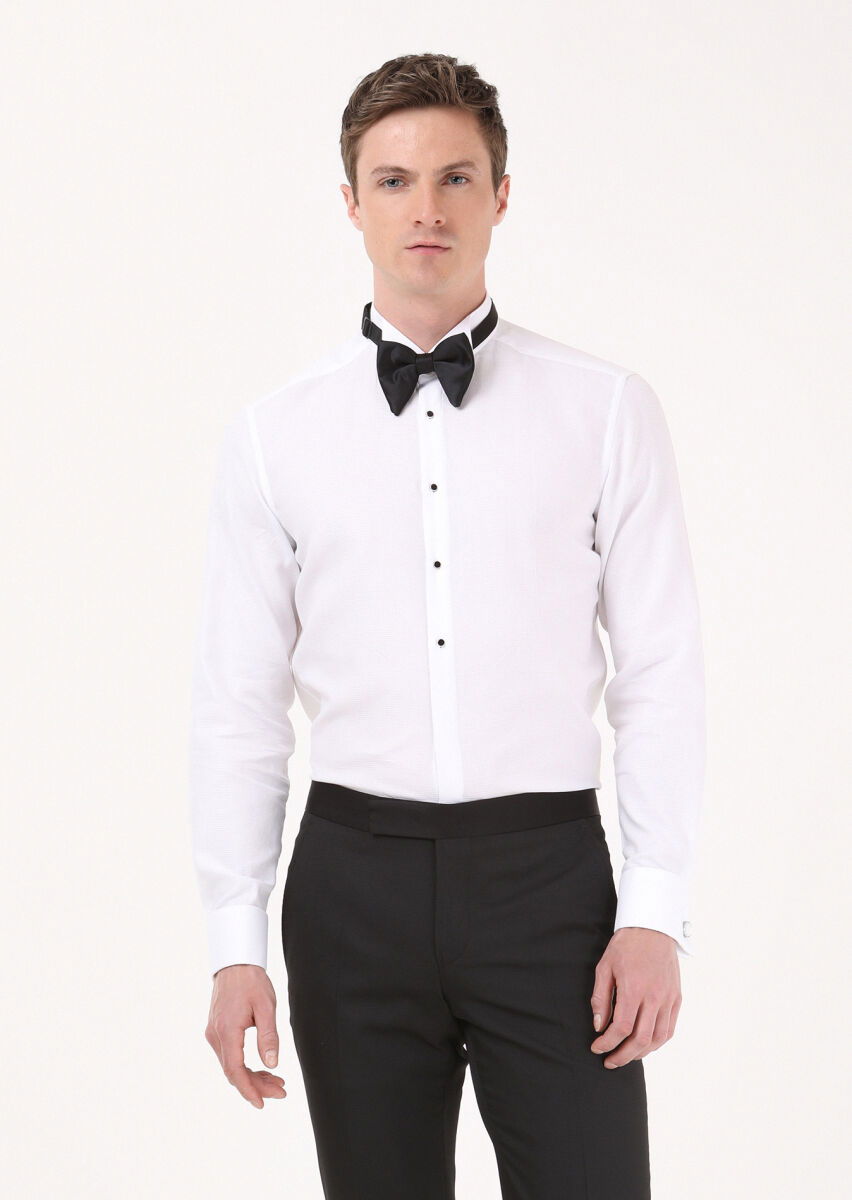 Beyaz Düz Slim Fit Duble Manşet Ata Yaka Smokin Gömlek - 2