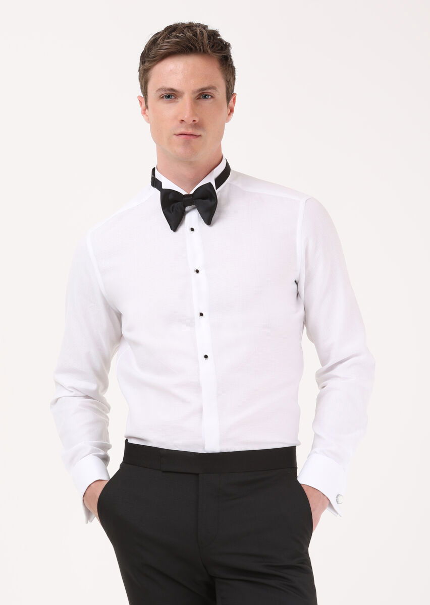 Beyaz Düz Slim Fit Duble Manşet Ata Yaka Smokin Gömlek - 3