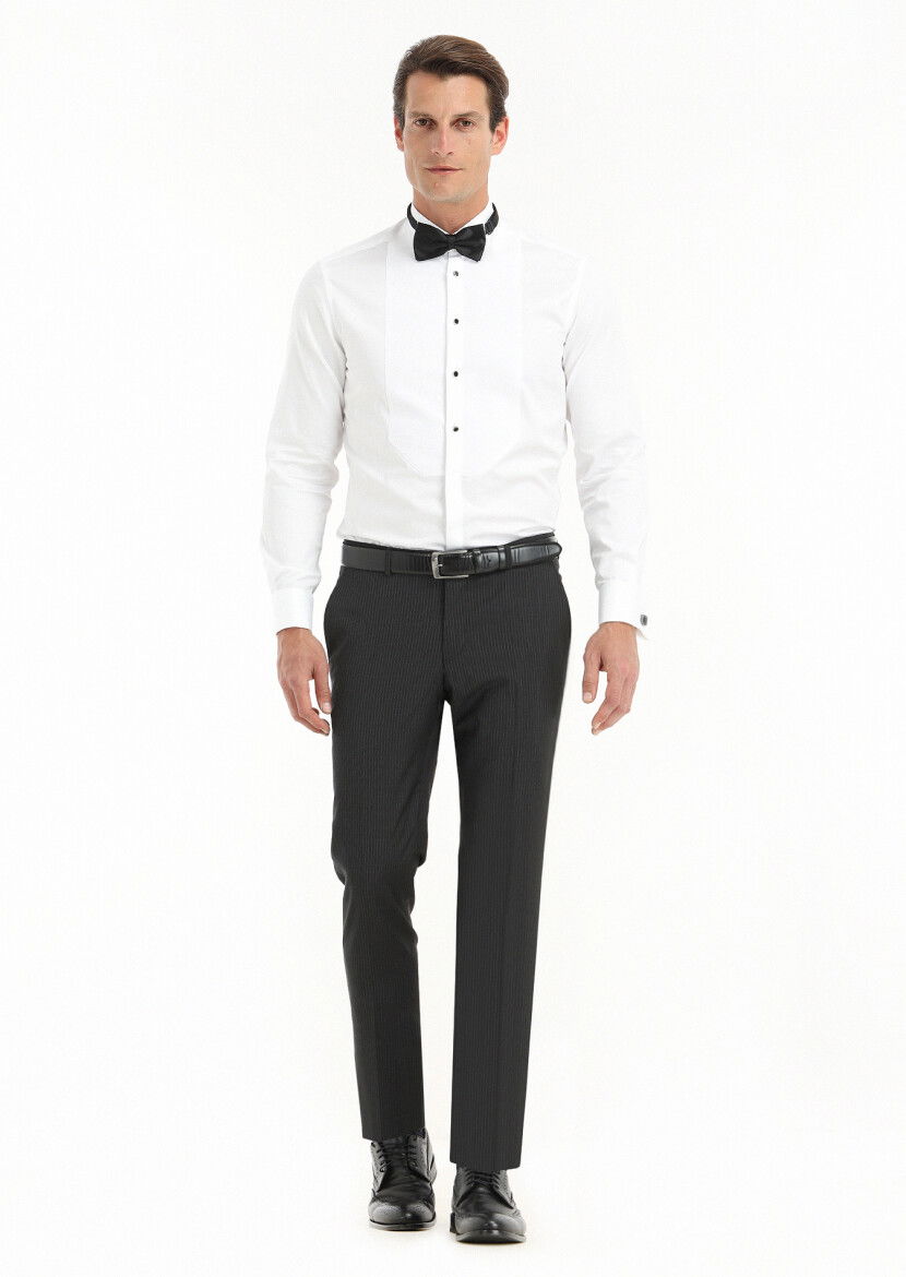 Beyaz Düz Slim Fit Duble Manşet Ata Yaka Smokin Gömlek - 1