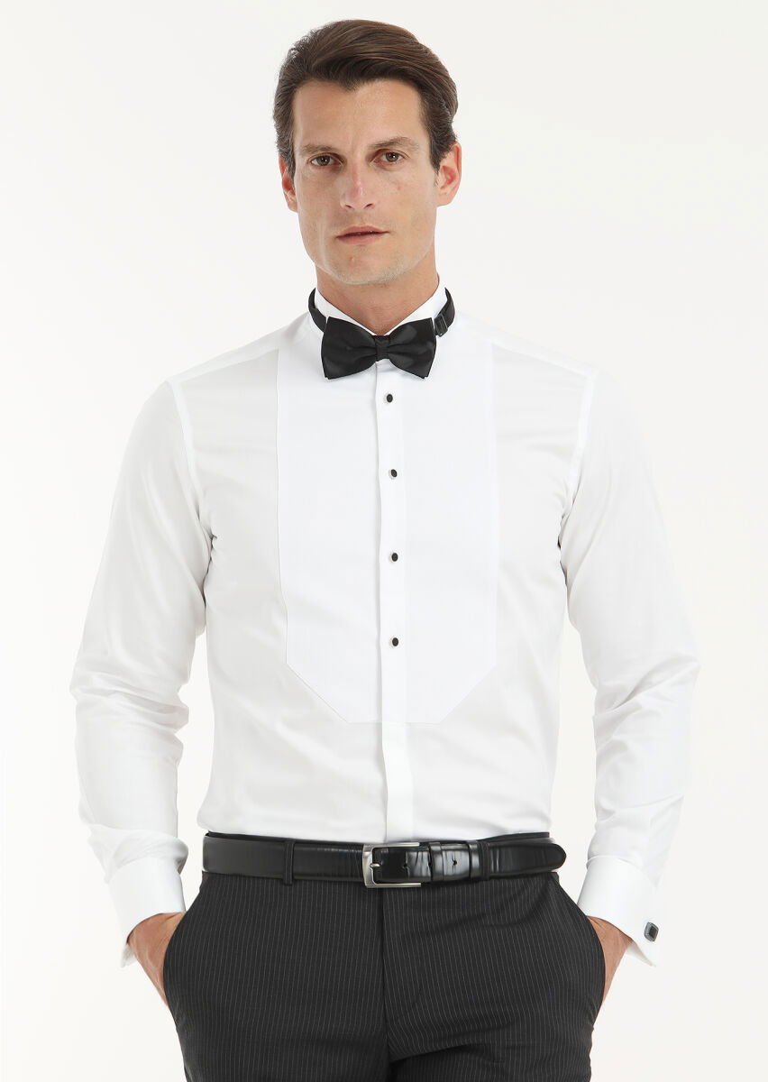 Beyaz Düz Slim Fit Duble Manşet Ata Yaka Smokin Gömlek - 2