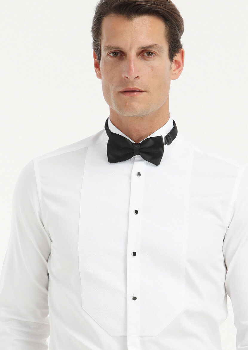 Beyaz Düz Slim Fit Duble Manşet Ata Yaka Smokin Gömlek - 3