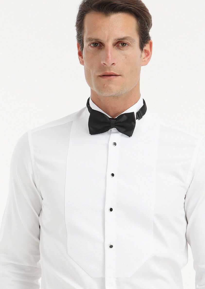 Beyaz Düz Slim Fit Duble Manşet Ata Yaka Smokin Gömlek - 3