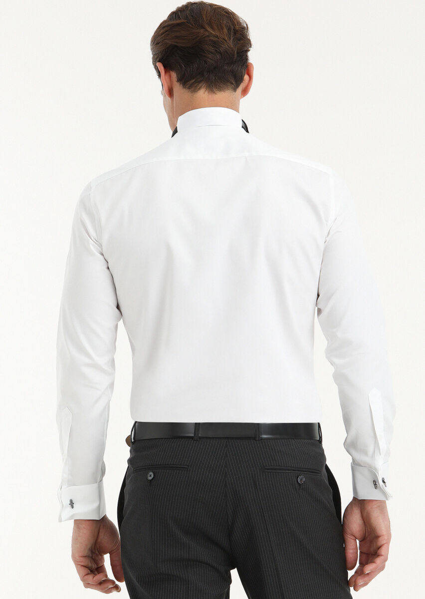 Beyaz Düz Slim Fit Duble Manşet Ata Yaka Smokin Gömlek - 4