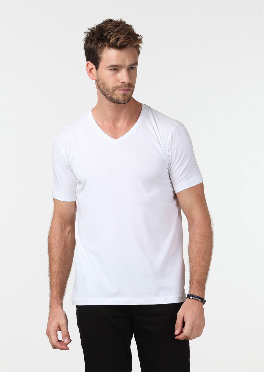 Beyaz Düz V Yaka Pamuk Karışımlı T-Shirt - 1