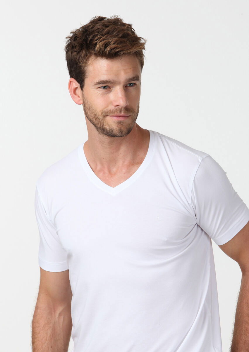 Beyaz Düz V Yaka Pamuk Karışımlı T-Shirt - 3