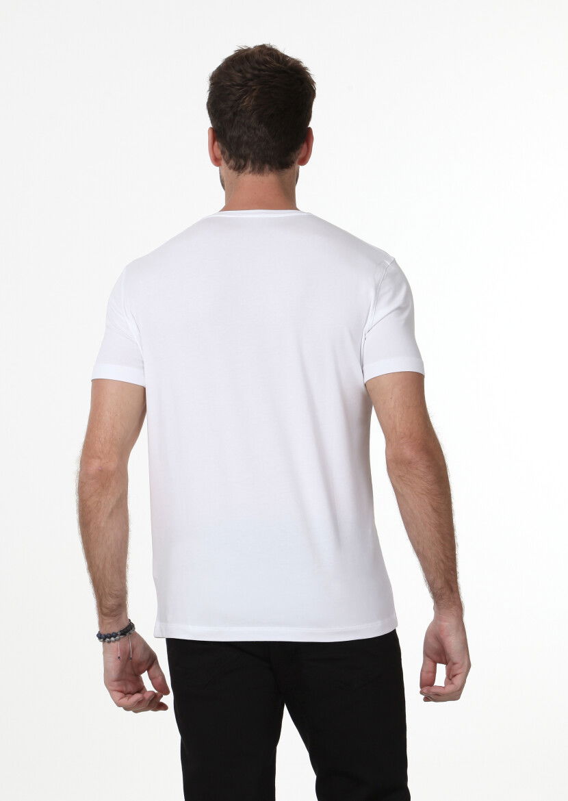 Beyaz Düz V Yaka Pamuk Karışımlı T-Shirt - 4